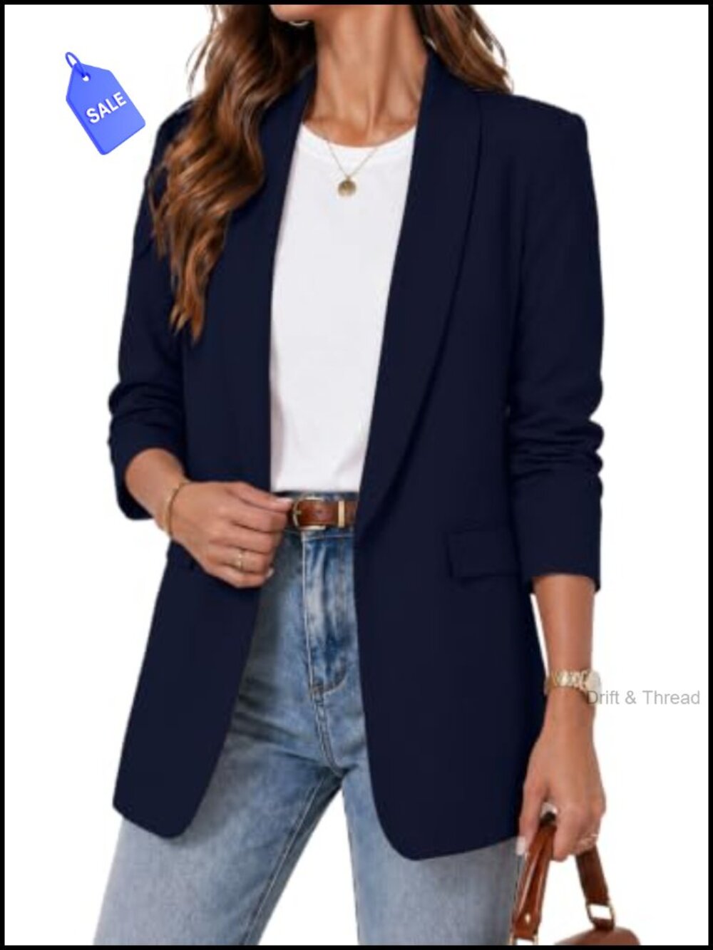 Womens Open Front Ruched 3/4 Sleeve Blazer Business Casual